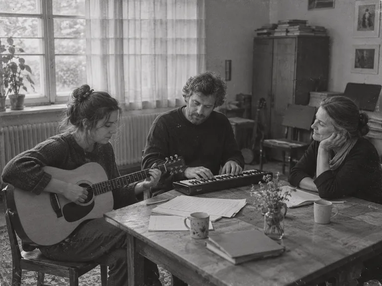 Erwachsene musizieren gemeinsam mit Gitarre und kleinem Keyboard.