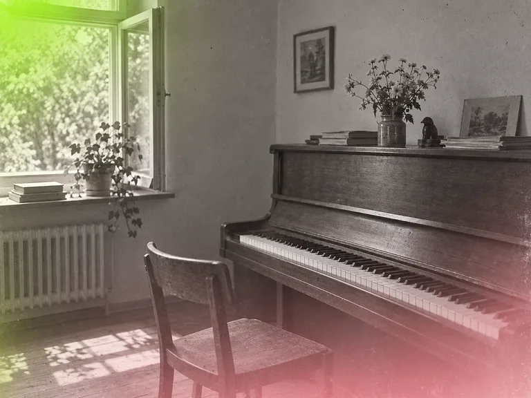 Ein heller Musikplatz mit Klavier und einem schlichten Stuhl.