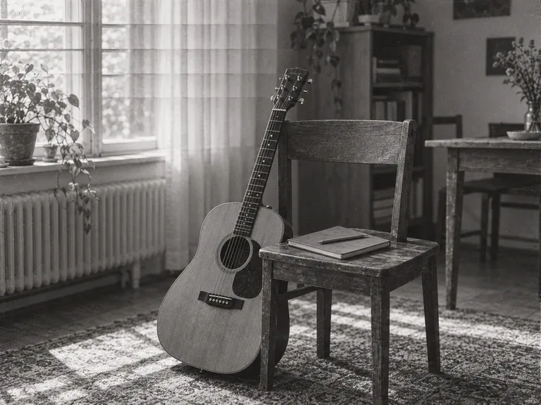 Eine akustische Gitarre steht neben einem schlichten Holzstuhl.