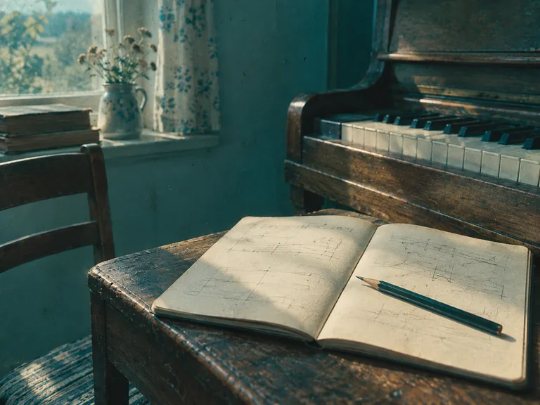 Notizbuch und Bleistift neben dem Klavier.