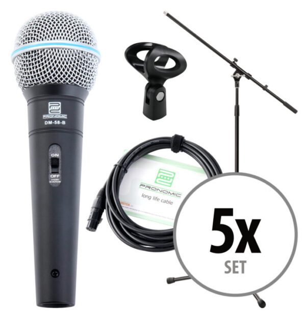 Pronomic DM-58-B Vocal Mikrofon Starter Set 5x Mikro, XLR Kabel, Klemme, Stativ